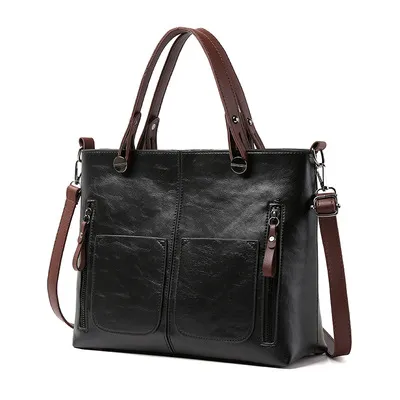 Women Vintage Multi Pocket Design Solid Color Large Capacity Shoulder Handle Bag