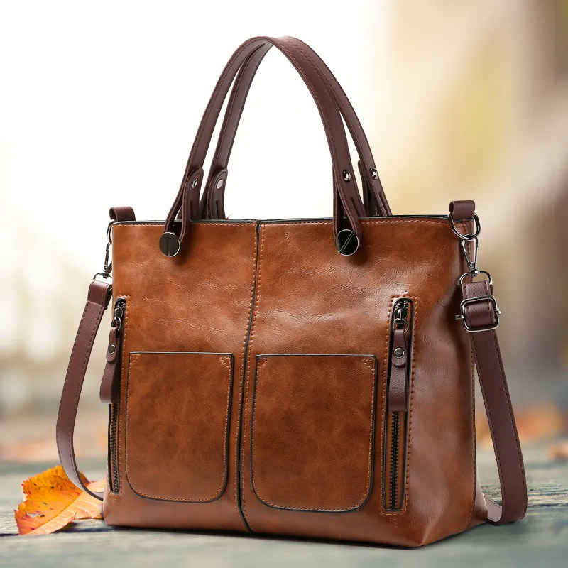 Women Vintage Multi Pocket Design Solid Color Large Capacity Shoulder Handle Bag