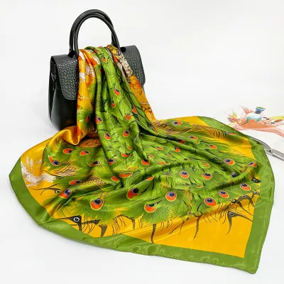 Women Vintage Peacock Feather Pattern Square Silk Scarf