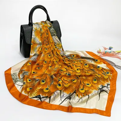 Women Vintage Peacock Feather Pattern Square Silk Scarf