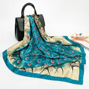 Women Vintage Peacock Feather Pattern Square Silk Scarf