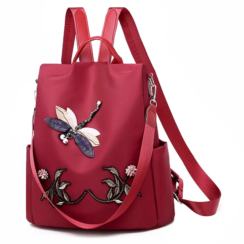 3D Embroidery Dragonfly Oxford Cloth Women Vintage Large Capacity Backpack