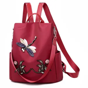3D Embroidery Dragonfly Oxford Cloth Women Vintage Large Capacity Backpack