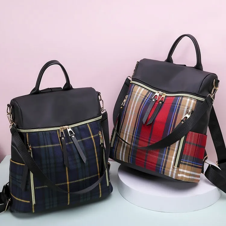 Women's Nylon Travel Outdoor Waterproof Casual Zipper Plaid Solid Color Large Capacity Backpack
