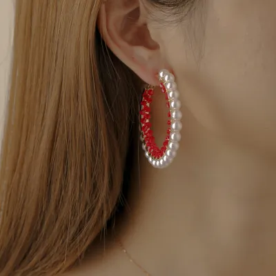 Exaggerated Round Design Pearl Decoration Color Blocking Hoop Earrings