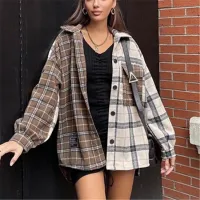 Women Casual Plaid Autumn Single-breasted Lapel Long Sleeves Color Blocking Loose Shacket