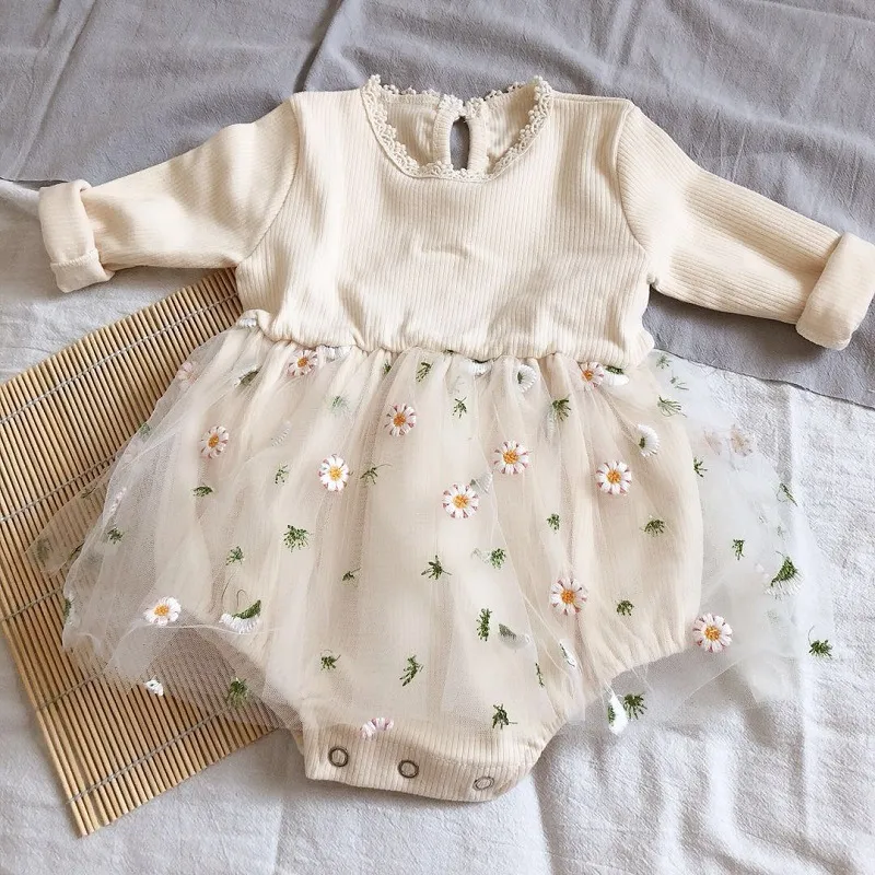 Baby Girls Sweet Round Neck Long Sleeve Knitted Mesh Cotton Romper