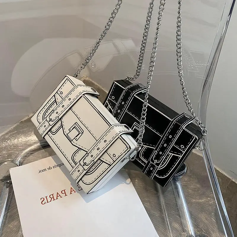 Comic Women Cartoon Chain Design Square Crossbody Bag Trendy PU Leather Messenger Bag