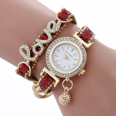 Women's Casual Rhinestone Letter Shaped Design PU Leather and Stainless Steel Band Quartz Watch