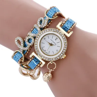 Women's Casual Rhinestone Letter Shaped Design PU Leather and Stainless Steel Band Quartz Watch