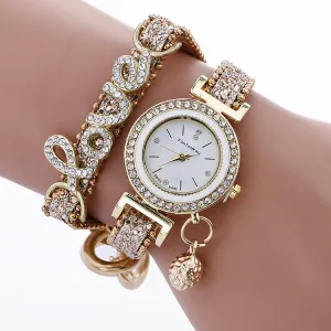 Women's Casual Rhinestone Letter Shaped Design PU Leather and Stainless Steel Band Quartz Watch
