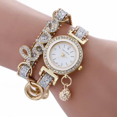 Women's Casual Rhinestone Letter Shaped Design PU Leather and Stainless Steel Band Quartz Watch