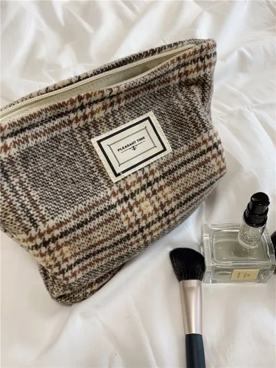 Plaid Contrast Color Large Capacity Cosmetic Bag