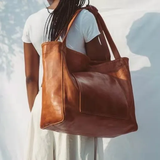 Oil Wax Leather Women Vintage Large Capacity Shoulder Bag Tote with Lock