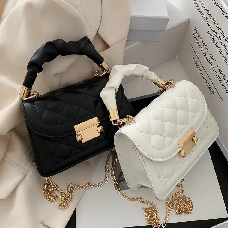 Women Vintage Chain Design Solid Color Quilted PU Shoulder Handle Small Square Bag
