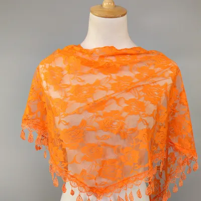 Women Casual Lace Tassels Hollow Out Solid Color Triangle Scarf
