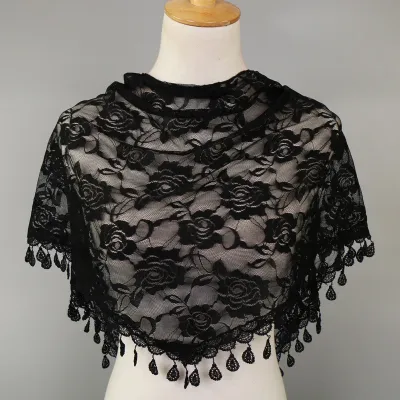 Women Casual Lace Tassels Hollow Out Solid Color Triangle Scarf