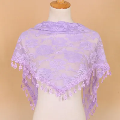 Women Casual Lace Tassels Hollow Out Solid Color Triangle Scarf