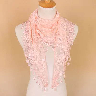 Women Casual Lace Tassels Hollow Out Solid Color Triangle Scarf