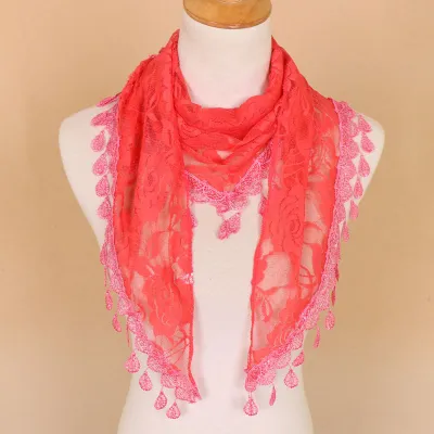 Women Casual Lace Tassels Hollow Out Solid Color Triangle Scarf