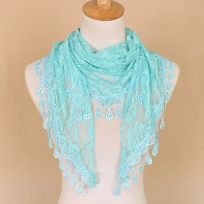 Women Casual Lace Tassels Hollow Out Solid Color Triangle Scarf