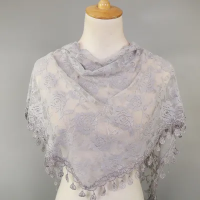 Women Casual Lace Tassels Hollow Out Solid Color Triangle Scarf