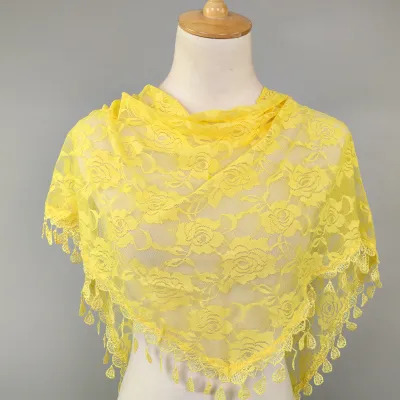 Women Casual Lace Tassels Hollow Out Solid Color Triangle Scarf
