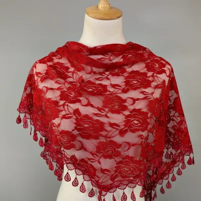 Women Casual Lace Tassels Hollow Out Solid Color Triangle Scarf