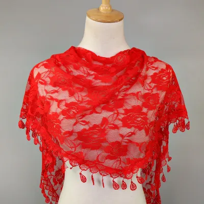Women Casual Lace Tassels Hollow Out Solid Color Triangle Scarf