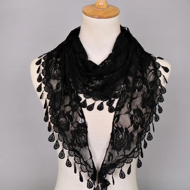 Women Casual Lace Tassels Hollow Out Solid Color Triangle Scarf