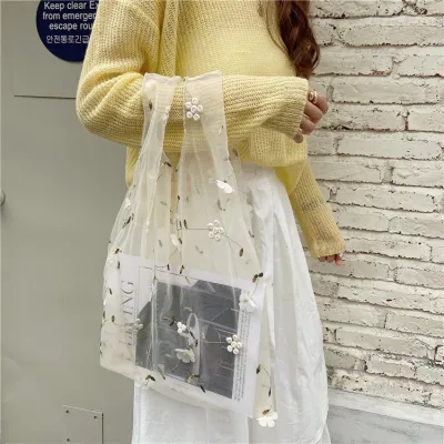 Women Casual Mesh Embroidery Flower Handle Shopping Bag