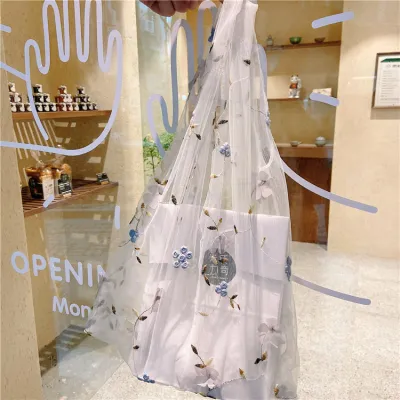 Women Casual Mesh Embroidery Flower Handle Shopping Bag