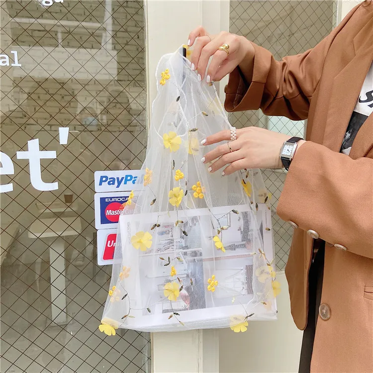 Women Casual Mesh Embroidery Flower Handle Shopping Bag