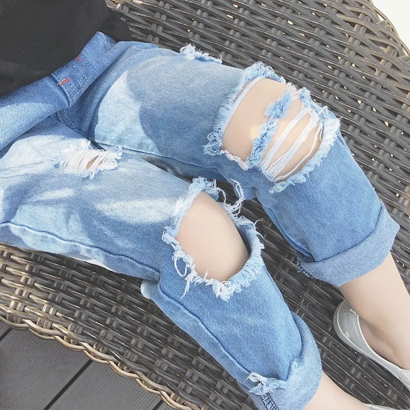 Girls Fashion Ripped Casual Denim Pants Long Solid Color Mid Waist Jeans