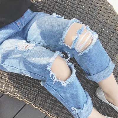 Girls Fashion Ripped Casual Denim Pants Long Solid Color Mid Waist Jeans