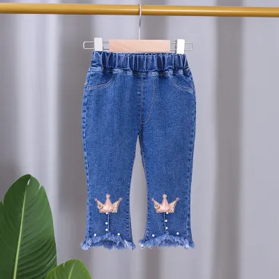 Girls Cute Cartoon Rabbit Bow Butterfly Crown Denim Flared Pants for Baby