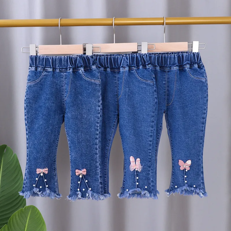 Girls Cute Cartoon Rabbit Bow Butterfly Crown Denim Flared Pants for Baby