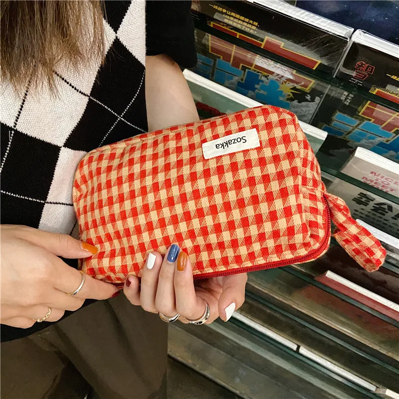 Check Color Contrast Large Capacity Cosmetic Bag Leopard Print Storage Bag Street Fashion Canvas Horizontal Square Zipper