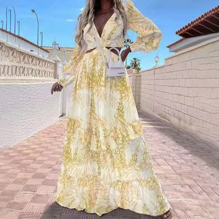 Women Vacation Bohemian V Neck Long Sleeve Ruffled All Over Print Tiered Dress