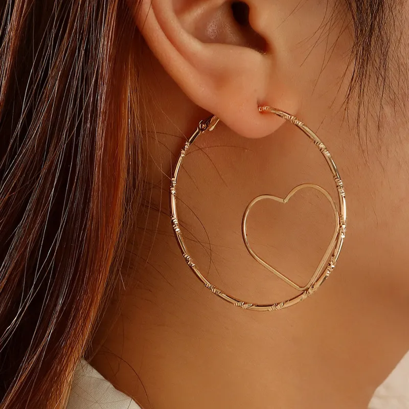 Exaggerated Unique Heart Shape Hollow Design Alloy Hoop Earrings for Women