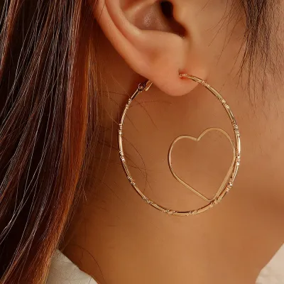 Exaggerated Unique Heart Shape Hollow Design Alloy Hoop Earrings for Women