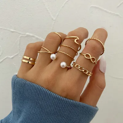 Creative Irregular Geometric Twist Hollow Design Pearl Decoration Alloy Ring Set