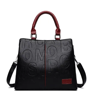 Women Vintage Embossing Design Solid Color Letter Pattern Large Capacity Shoulder Tote Bag