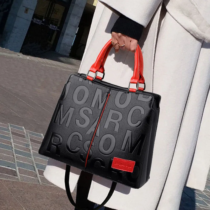 Women Vintage Embossing Design Solid Color Letter Pattern Large Capacity Shoulder Tote Bag