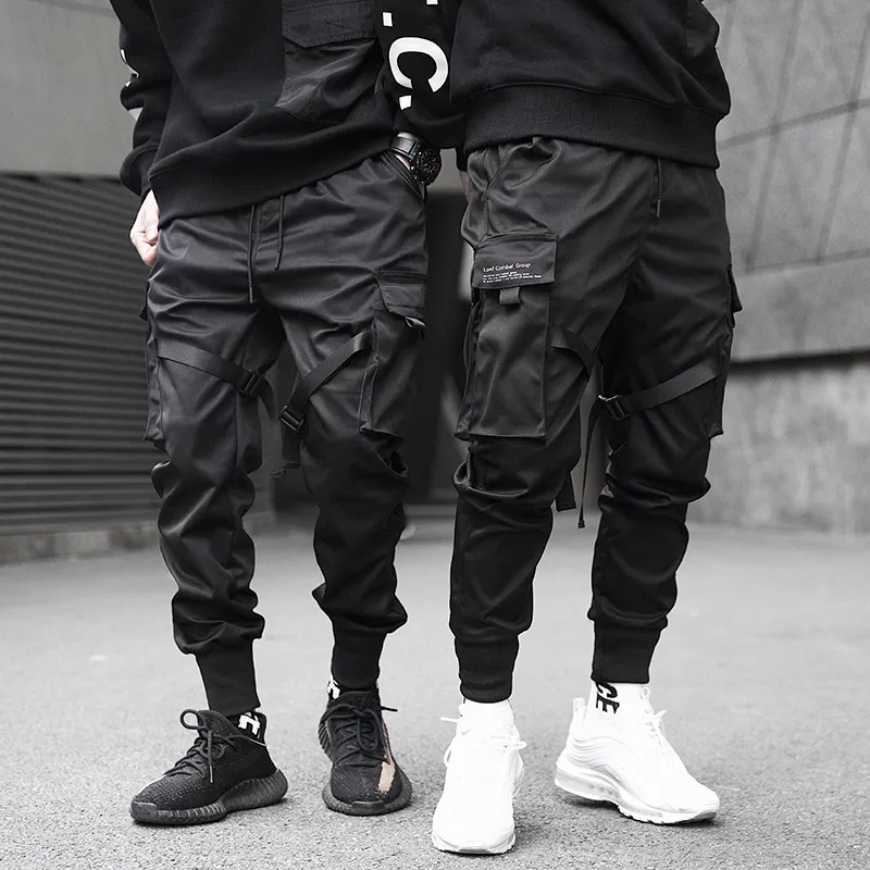 Men Plus Size Street Mid Waist Pocket Ribbon Design Solid Color Cargo Pants