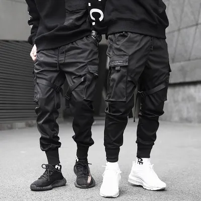 Men Plus Size Street Mid Waist Pocket Ribbon Design Solid Color Cargo Pants