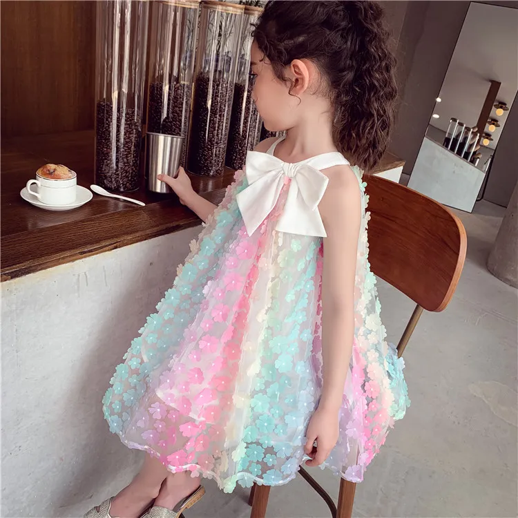 Girls Sweet Big Bow Colorful 3D Flower Dress Organza A-line Skirt for Party