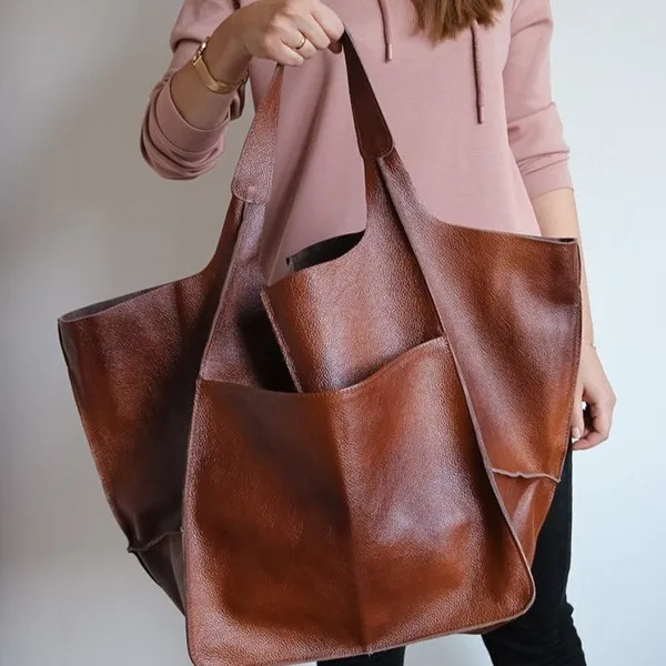 Women Vintage Design Solid Color Large Capacity PU Leather Shoulder Handle Tote Bag