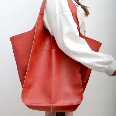 Women Vintage Design Solid Color Large Capacity PU Leather Shoulder Handle Tote Bag