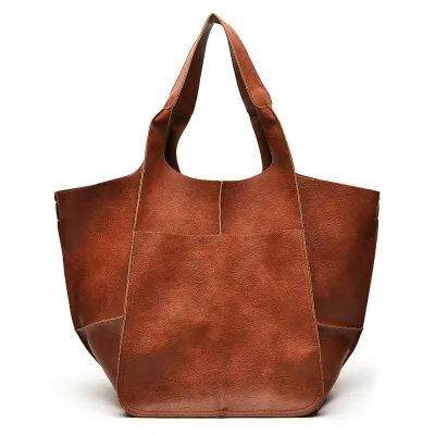 Women Vintage Design Solid Color Large Capacity PU Leather Shoulder Handle Tote Bag